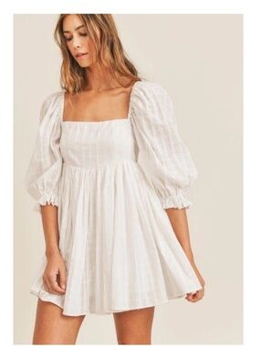 Pink Lily Cotton White Lined Babydoll Dress W/ Puffy Sleeves Size Small